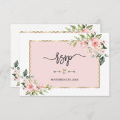 Delicate Roze Blush Bloemen Gouden Frame Trouw RSVP Kaartje (Voorkant / Achterkant)