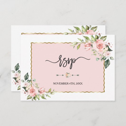 Delicate Roze Blush Bloemen Gouden Frame Trouw RSVP Kaartje (Voorkant / Achterkant)