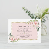 Delicate Roze Blush Bloemen Gouden Lijst Bruiloft Save The Date (Staand voorkant)