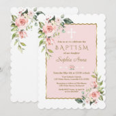 Delicate Roze Blush Bloemen Kruis Gouden Doop Kaart (Voorkant / Achterkant)