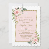 Delicate Roze Blush Bloemen Kruis Gouden Doop Kaart (Voorkant)