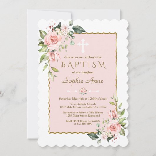 Delicate Roze Blush Bloemen Kruis Gouden Doop Kaart (Voorkant)