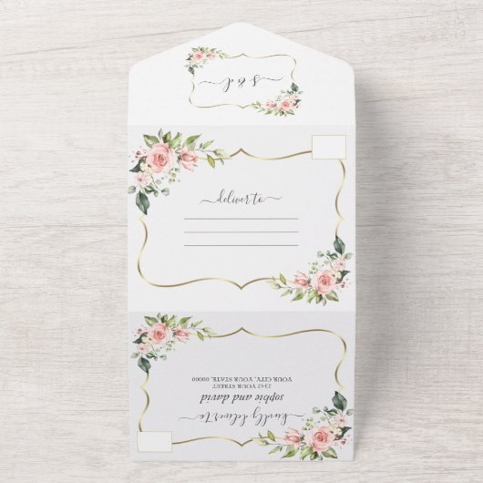 Delicate Roze Blush Flowers Gold Lijst All In One Uitnodiging (Buitenkant)