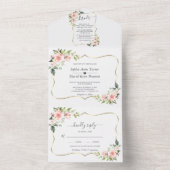 Delicate Roze Blush Flowers Gold Lijst All In One Uitnodiging (Binnen)