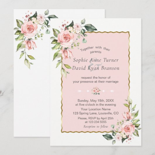 Delicate roze Blush Flowers Gold Lijst Weddenschap Kaart (Voorkant / Achterkant)