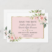 Delicate roze Blush Flowers Gold Lijst Weddenschap Save The Date (Voorkant / Achterkant)