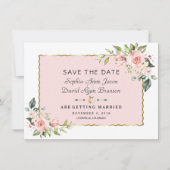 Delicate roze Blush Flowers Gold Lijst Weddenschap Save The Date (Voorkant)