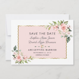 Delicate roze Blush Flowers Gold Lijst Weddenschap Save The Date