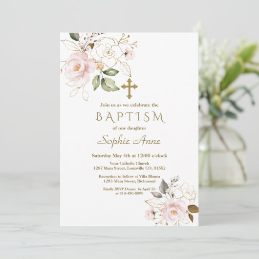 Delicate Roze Blush Gold Flowers Cross-Baptisme Kaart (Staand voorkant)