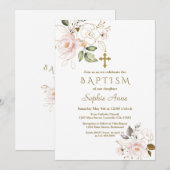 Delicate Roze Blush Gold Flowers Cross-Baptisme Kaart (Voorkant / Achterkant)