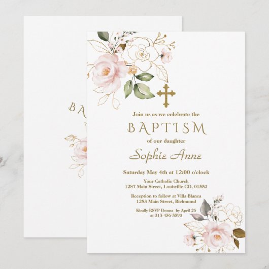 Delicate Roze Blush Gold Flowers Cross-Baptisme Kaart (Voorkant / Achterkant)