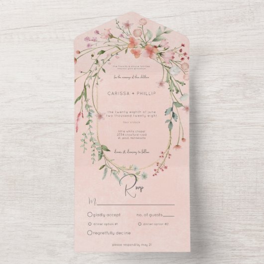 Delicate Roze Blush Rustieke Wildbloemen Diner All In One Uitnodiging (Binnen)