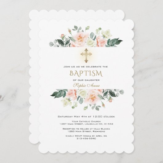 Delicate Roze Crème Bloemen Frame Goud Doop Kaart (Voorkant / Achterkant)