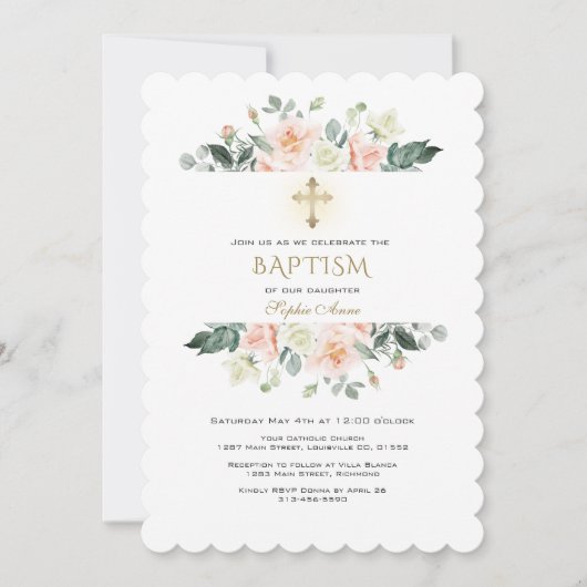 Delicate Roze Crème Bloemen Frame Goud Doop Kaart (Voorkant)