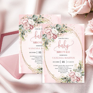 Delicate Roze Gouden Bloemen Eucalyptus Baby Showe Kaart