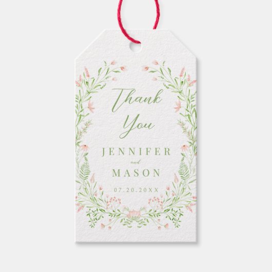 Delicate roze groene wilde bloem bruiloft dank u cadeaulabel (Voorkant)
