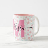 Delicate roze groene wilde bloemen Waterverf Tweekleurige Koffiemok (Voorkant rechts)