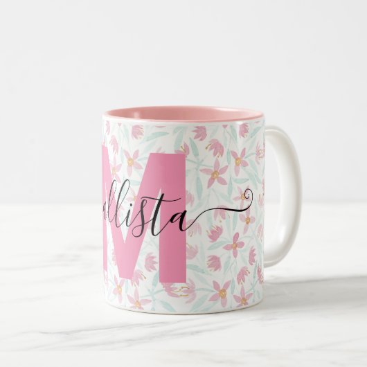 Delicate roze groene wilde bloemen Waterverf Tweekleurige Koffiemok (Voorkant rechts)