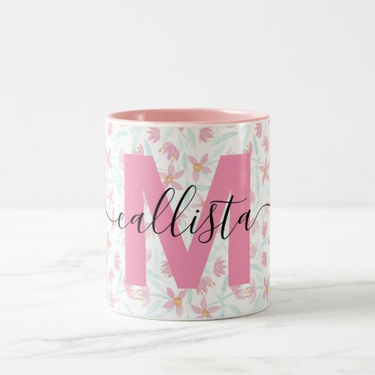 Delicate roze groene wilde bloemen Waterverf Tweekleurige Koffiemok (Center)