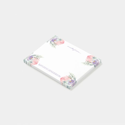 Delicate Roze Lavendel Waterverf Bloemen Monogram Post-it® Notes (Schuin)