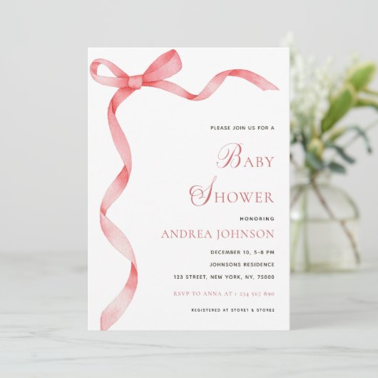 Delicate Roze Lint Bow Modern Meisje Baby shower Save The Date (Staand voorkant)