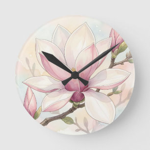 Delicate Roze Magnolia Watercolor Bloei Ronde Klok