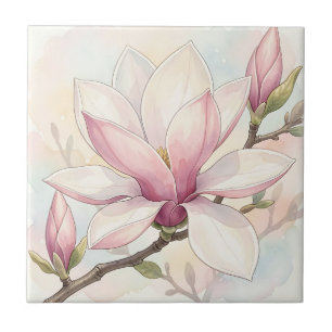 Delicate Roze Magnolia Watercolor Bloei Tegeltje