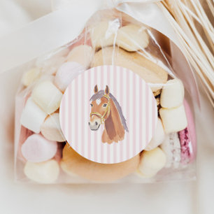 Delicate Roze Organische Streep Paard Verjaardag Ronde Sticker