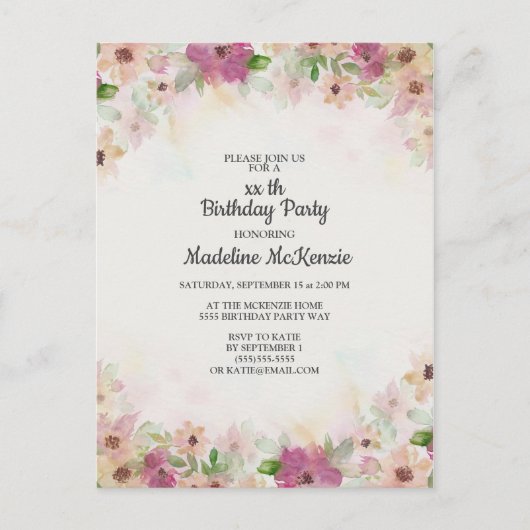 Delicate Roze Paarse Aquarel Bloemige Verjaardag Briefkaart (Voorkant)