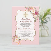 Delicate Roze Roze Bloem Eerste Heilige Communie Kaart (Staand voorkant)