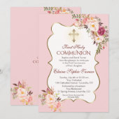 Delicate Roze Roze Bloem Eerste Heilige Communie Kaart (Voorkant / Achterkant)