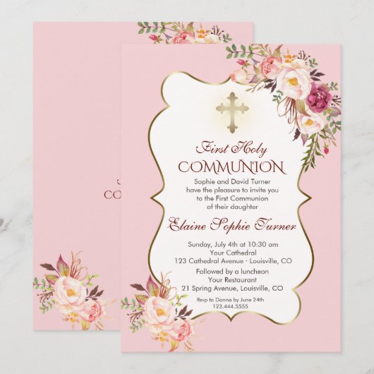 Delicate Roze Roze Bloem Eerste Heilige Communie Kaart (Voorkant / Achterkant)