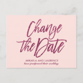 Delicate Roze Roze glitterscript datum wijzigen Aankondigingskaart (Voorkant)