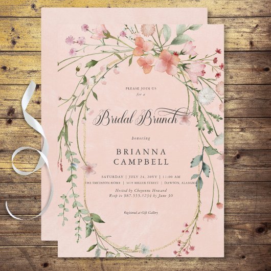 Delicate Roze Rustieke Veldbloemen Bruids Brunch Kaart