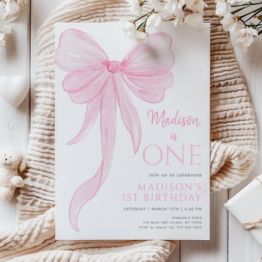 Delicate Roze Strik Meisje Eerste Verjaardag Kaart