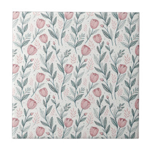 Delicate Roze Tulp & Lijntekening Bloemmotief Tegeltje