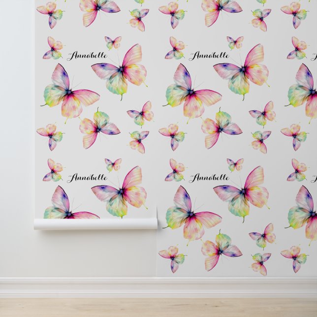 Delicate roze vlinder in pastel regenboog kleuren behang (Applicatie)