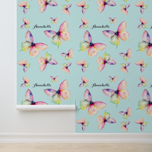 Delicate roze vlinder in pastel regenboog kleuren behang (Applicatie)