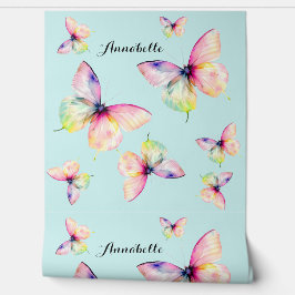 Delicate roze vlinder in pastel regenboog kleuren behang