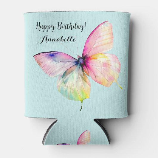 Delicate roze vlinder in pastel regenboog kleuren blikjeskoeler (Voorkant)