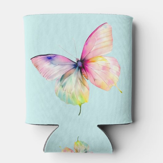 Delicate roze vlinder in pastel regenboog kleuren blikjeskoeler (Achterkant)