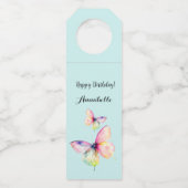 Delicate roze vlinder in pastel regenboog kleuren flessenhanger (Voorkant)