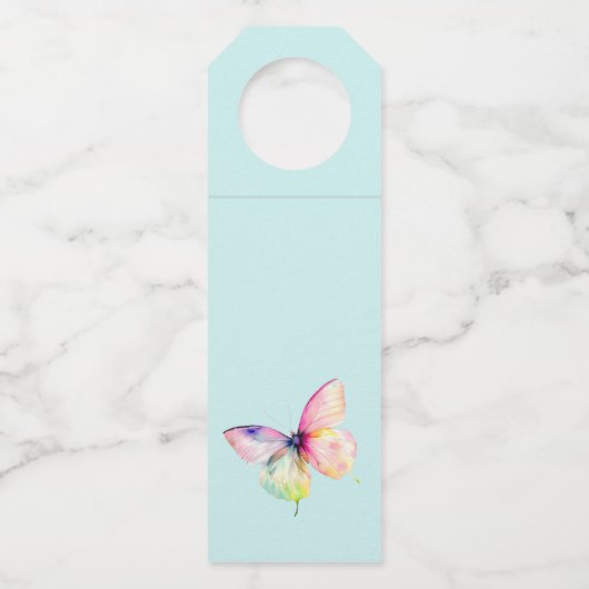 Delicate roze vlinder in pastel regenboog kleuren flessenhanger (Achterkant)