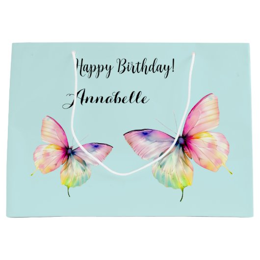 Delicate roze vlinder in pastel regenboog kleuren groot cadeauzakje (Voorkant)