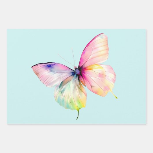 Delicate roze vlinder in pastel regenboog kleuren inpakpapier vel (Voorkant 3)