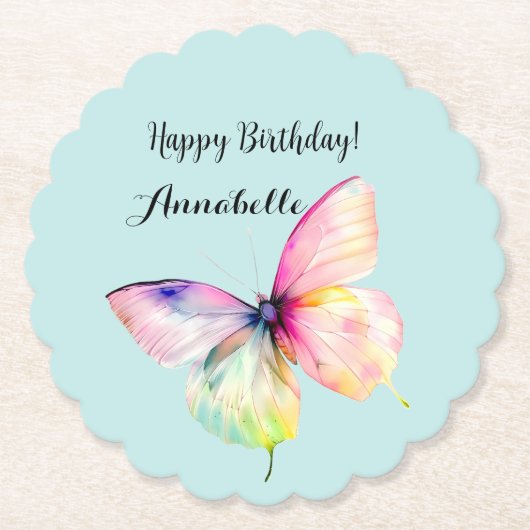 Delicate roze vlinder in pastel regenboog kleuren kartonnen onderzetters (Voorkant)