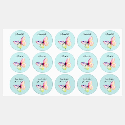 Delicate roze vlinder in pastel regenboog kleuren labels (Vel)
