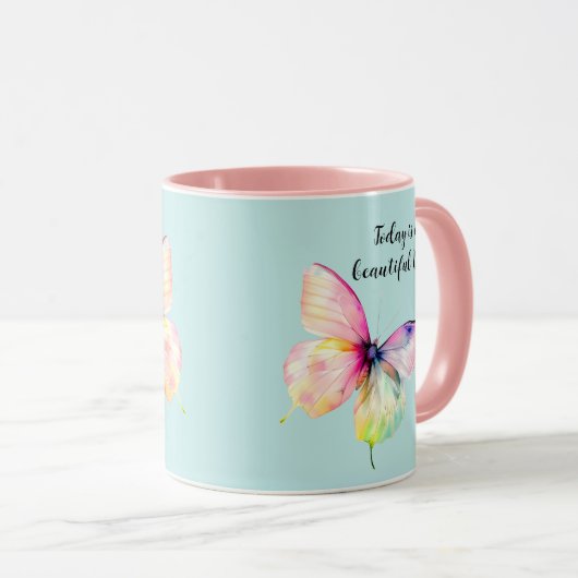 Delicate roze vlinder in pastel regenboog kleuren mok (Voorkant rechts)