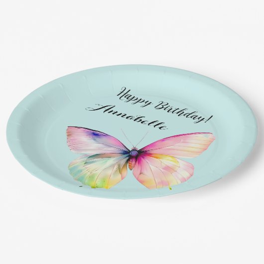 Delicate roze vlinder in pastel regenboog kleuren papieren bordje (Gekanteld)
