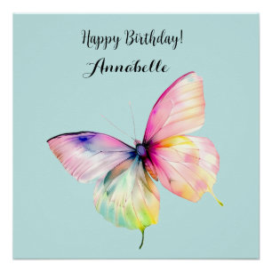 Delicate roze vlinder in pastel regenboog kleuren perfect poster